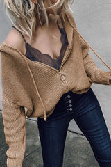 Khaki Zipper V-neck Dropped Sleeve Hooded Solid Sweater Sweaters & Cardigans JT's Designer Fashion