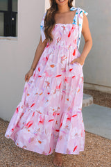Pink Floral Print Knotted Shoulder Smocked Maxi Dress Floral Dresses JT's Designer Fashion