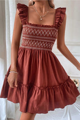 Red Sandalwood Geometric Stitch Shirred Bodice Ruffled Trim Sleeveless Mini Dress Dresses JT's Designer Fashion