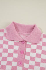 Pink Checkered Buttons Collar V Neck Drop Shoulder Sweater Sweaters JT's Designer Fashion