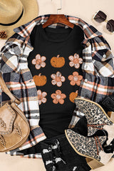 Black Pumpkin Flower Print Short Sleeve Graphic Top Graphic Tees JT's Designer Fashion