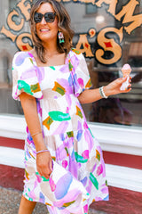 Purple Abstract Print Puff Sleeve Smocked Back Midi Dress Dresses JT's Designer Fashion