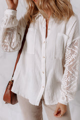 White Cotton Gauze Lace Patchwork Long Sleeve Shirt Blouses & Shirts JT's Designer Fashion