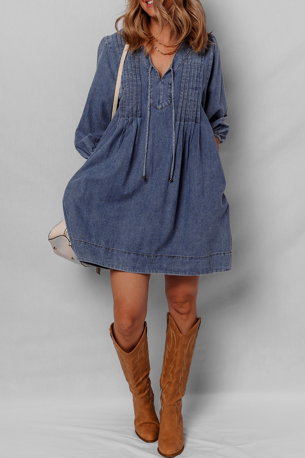 Sail Blue 3/4 Sleeve Tied V Neck Pleated Denim Mini Dress JT's Designer Fashion