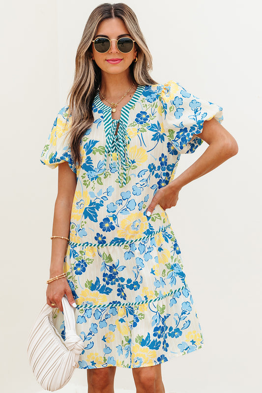 Blue Floral Striped Trim Puff Short Sleeve Dress Blue 100%Polyester Floral Dresses JT's Designer Fashion