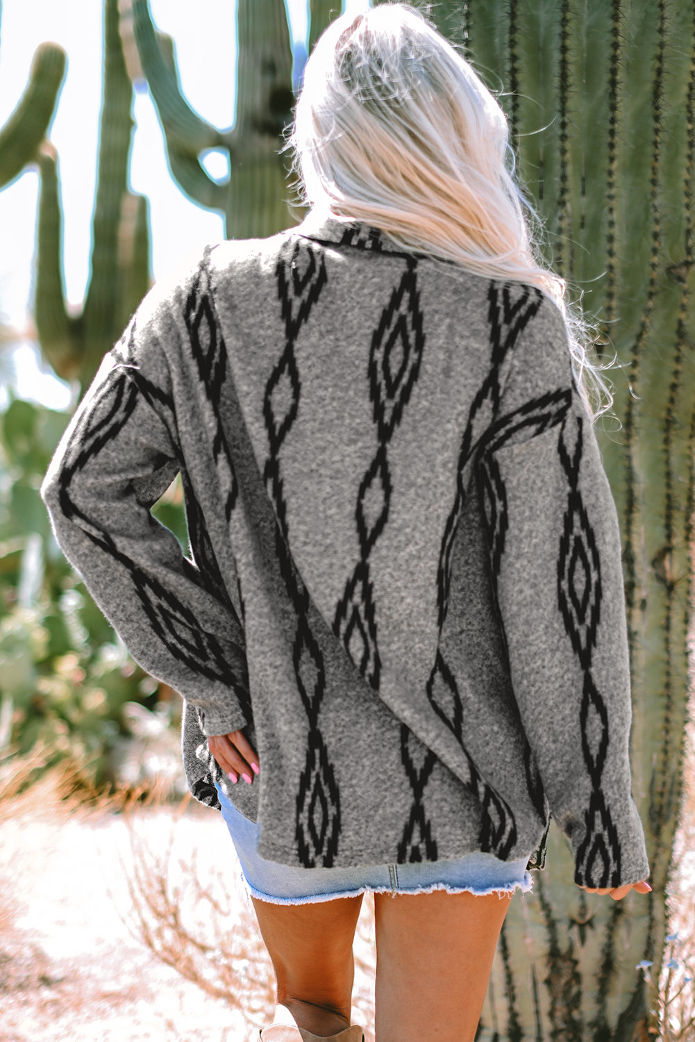 Gray Aztec Contrast Chest Pockets Loose Shacket Jackets JT's Designer Fashion