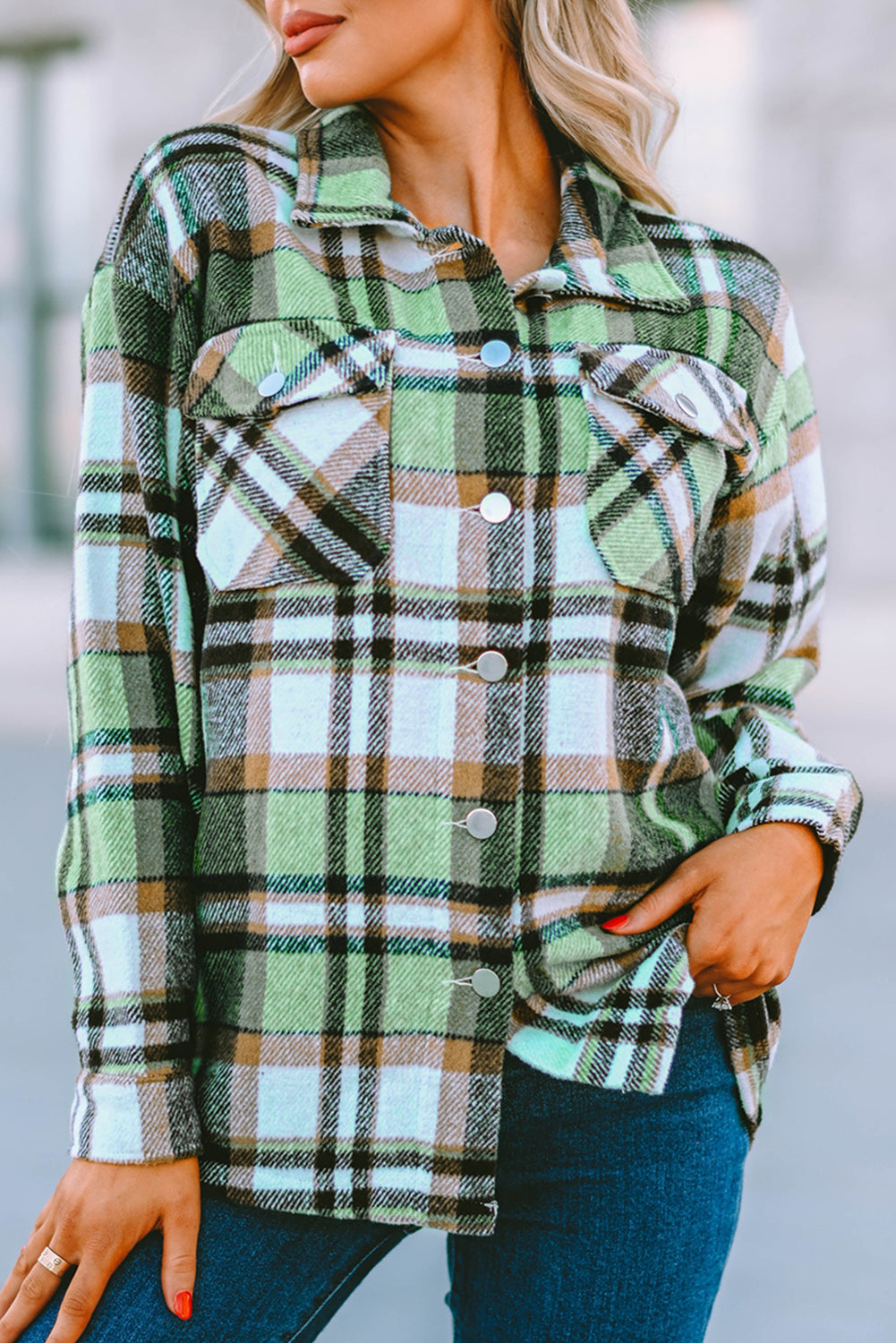 Green Geometric Plaid Print Pocketed Shacket Plaid Shackets JT's Designer Fashion