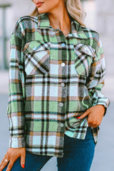 Green Geometric Plaid Print Pocketed Shacket Plaid Shackets JT's Designer Fashion