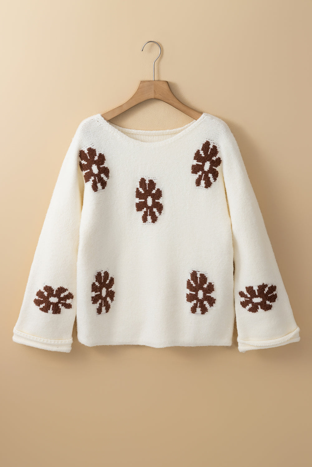 White Colorblock Floral Pattern Round Neck Sweater Sweaters JT's Designer Fashion