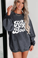 Gray Corded Hey Boo Ghost Graphic Drop Shoulder Halloween Sweatshirt Graphic Sweatshirts JT's Designer Fashion
