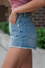 Dusk Blue Pearl Beaded Raw Hem Medium Wash Denim Shorts Bottoms JT's Designer Fashion