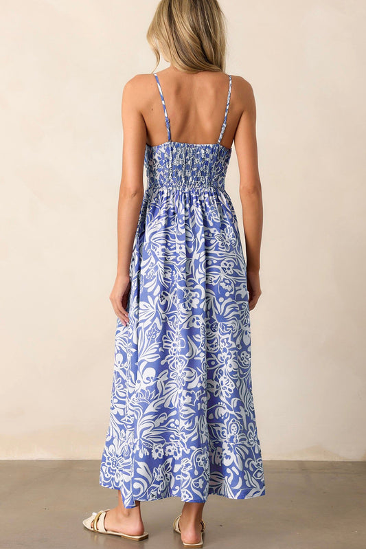 Sky Blue Floral Print Spaghetti Strap High Waist Maxi Dress Floral Dresses JT's Designer Fashion