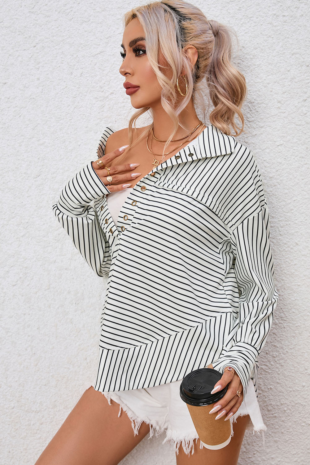 White Striped Thumbhole Drop Shoulder V Neck Top Long Sleeve Tops JT's Designer Fashion