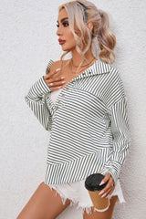 White Striped Thumbhole Drop Shoulder V Neck Top Long Sleeve Tops JT's Designer Fashion