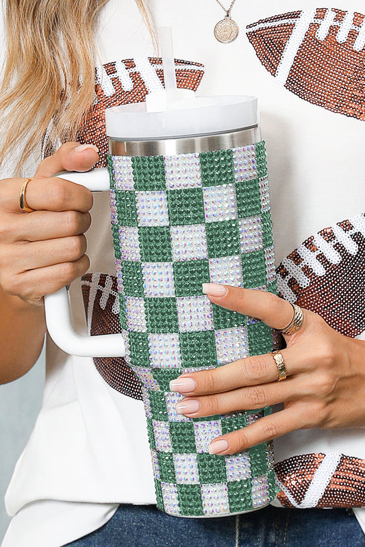 Blackish Green Full Rhinestone Checkerboard Handled Tumbler 40oz Tumblers JT's Designer Fashion