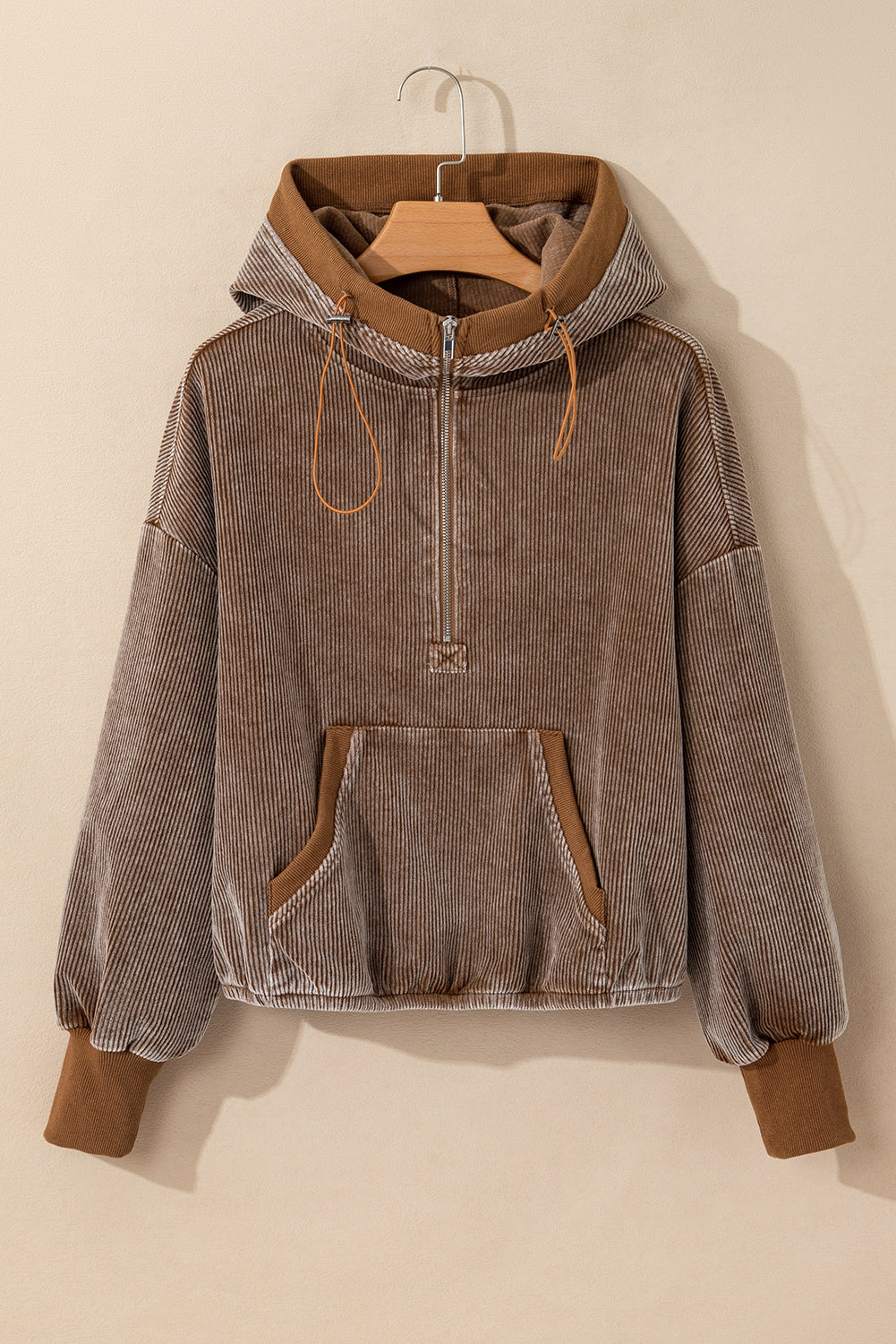 Chestnut Half Zipper Kangaroo Pocket Drawstring Corduroy Hoodie Sweatshirts & Hoodies JT's Designer Fashion