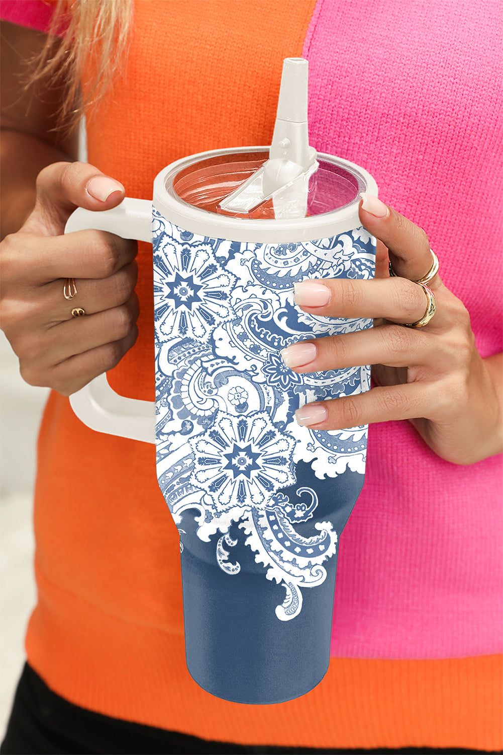 Sky Blue Vintage Pattern Print Stainless Steel Portable Cup 40oz Tumblers JT's Designer Fashion
