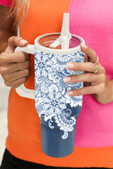 Sky Blue Vintage Pattern Print Stainless Steel Portable Cup 40oz Tumblers JT's Designer Fashion