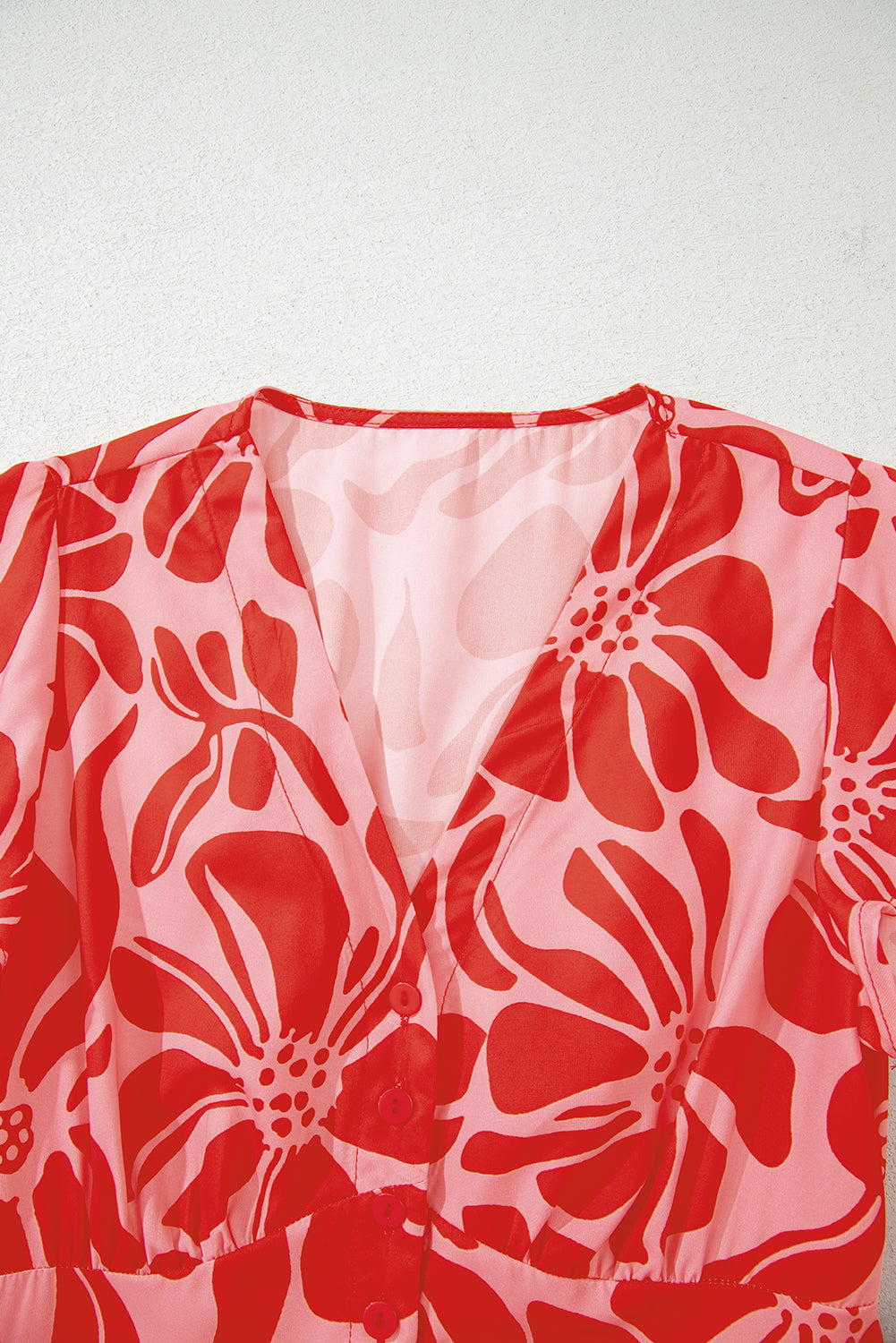 Red Boho Floral Short Sleeve V Neck Buttoned Shirred Waist Long Dress Floral Dresses JT's Designer Fashion