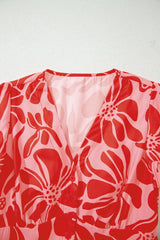 Red Boho Floral Short Sleeve V Neck Buttoned Shirred Waist Long Dress Floral Dresses JT's Designer Fashion