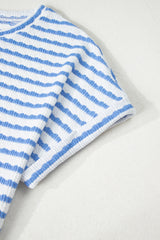 Sky Blue Stripe Knitted Short Sleeve Top and Drawstring Shorts Set Short Sets JT's Designer Fashion