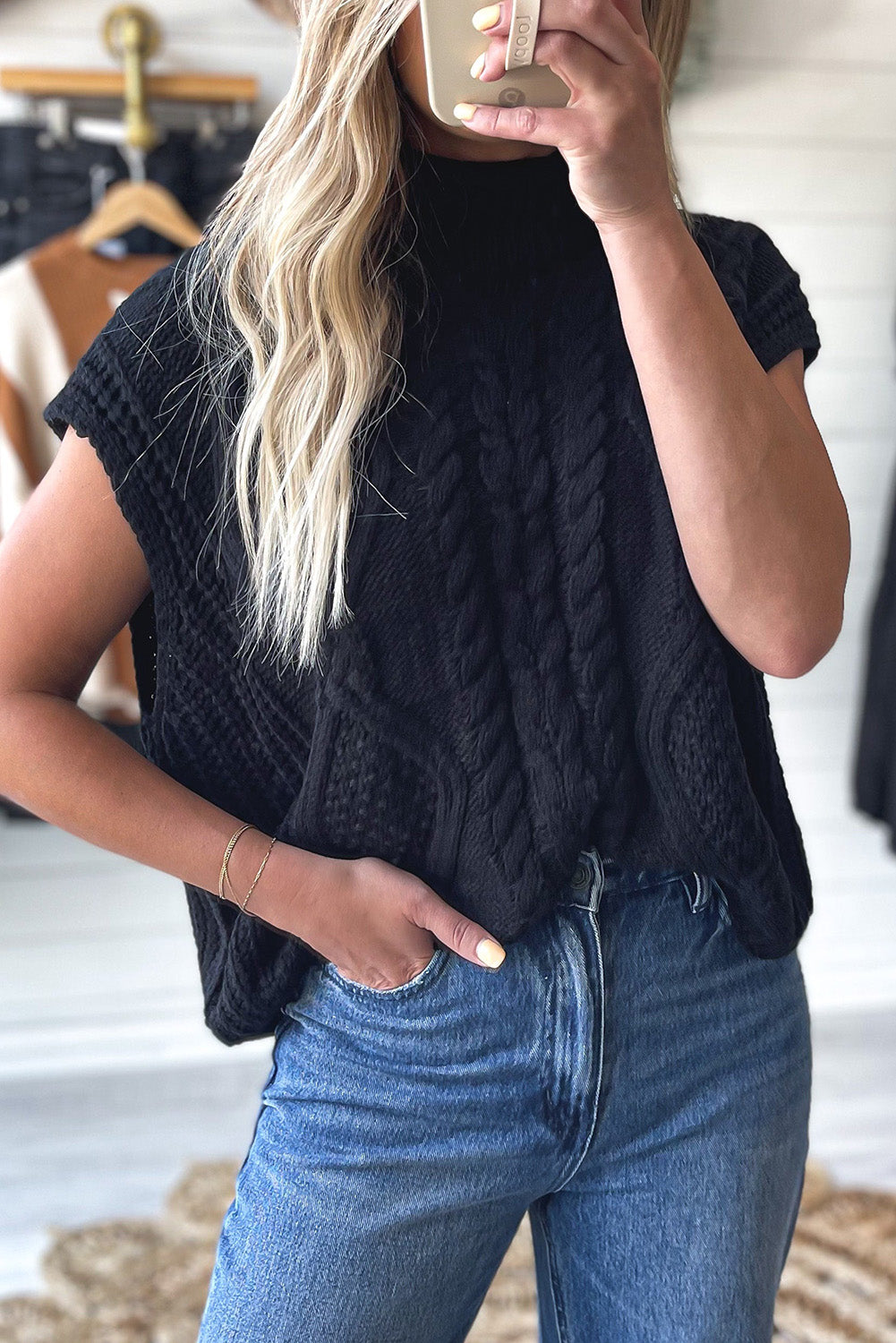 Black Solid Color Cable Knit High Neck Sweater T Shirt Sweaters & Cardigans JT's Designer Fashion