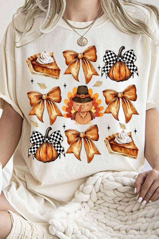 White Cute Bowknot Thanksgiving Graphic Crewneck T Shirt Graphic Tees JT's Designer Fashion