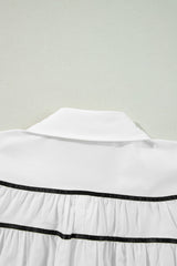 White Black Pipping Ribbon Bowtie Collared Ruffled Puff Sleeve Shirt Blouses & Shirts JT's Designer Fashion