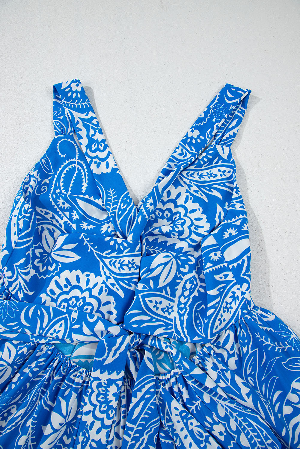 Blue Paisley V Neck Crisscross Backless Long Dress Maxi Dresses JT's Designer Fashion