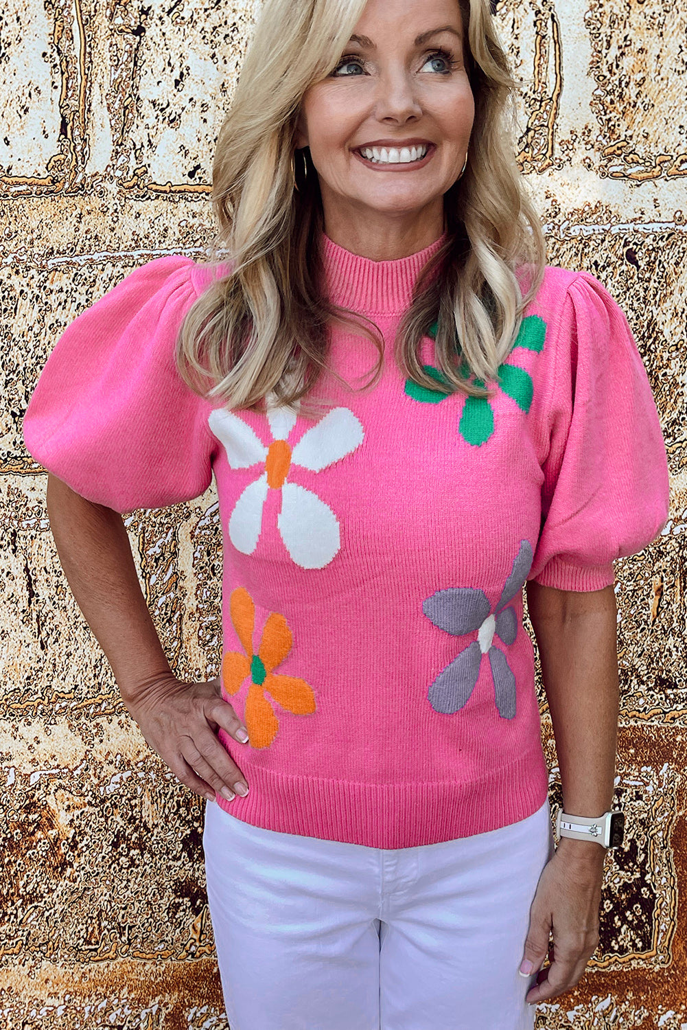Bright Pink Floral Bubble Short Sleeve Sweater Sweaters & Cardigans JT's Designer Fashion