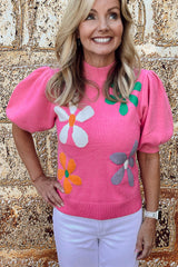 Bright Pink Floral Bubble Short Sleeve Sweater Sweaters & Cardigans JT's Designer Fashion