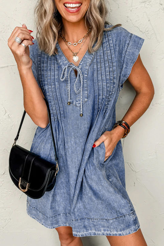 Beau Blue Tie V Neck Tucking Detail Short Sleeve Denim Shift Dress Mini Dresses JT's Designer Fashion