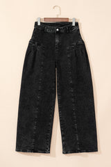 Dark Grey Pleated Wide Leg Mineral Wash Denim Pants Jeans JT's Designer Fashion