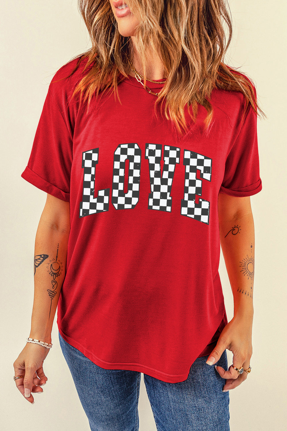 Red Checkered LOVE Letter Graphic Valentines T Shirt Graphic Tees JT's Designer Fashion