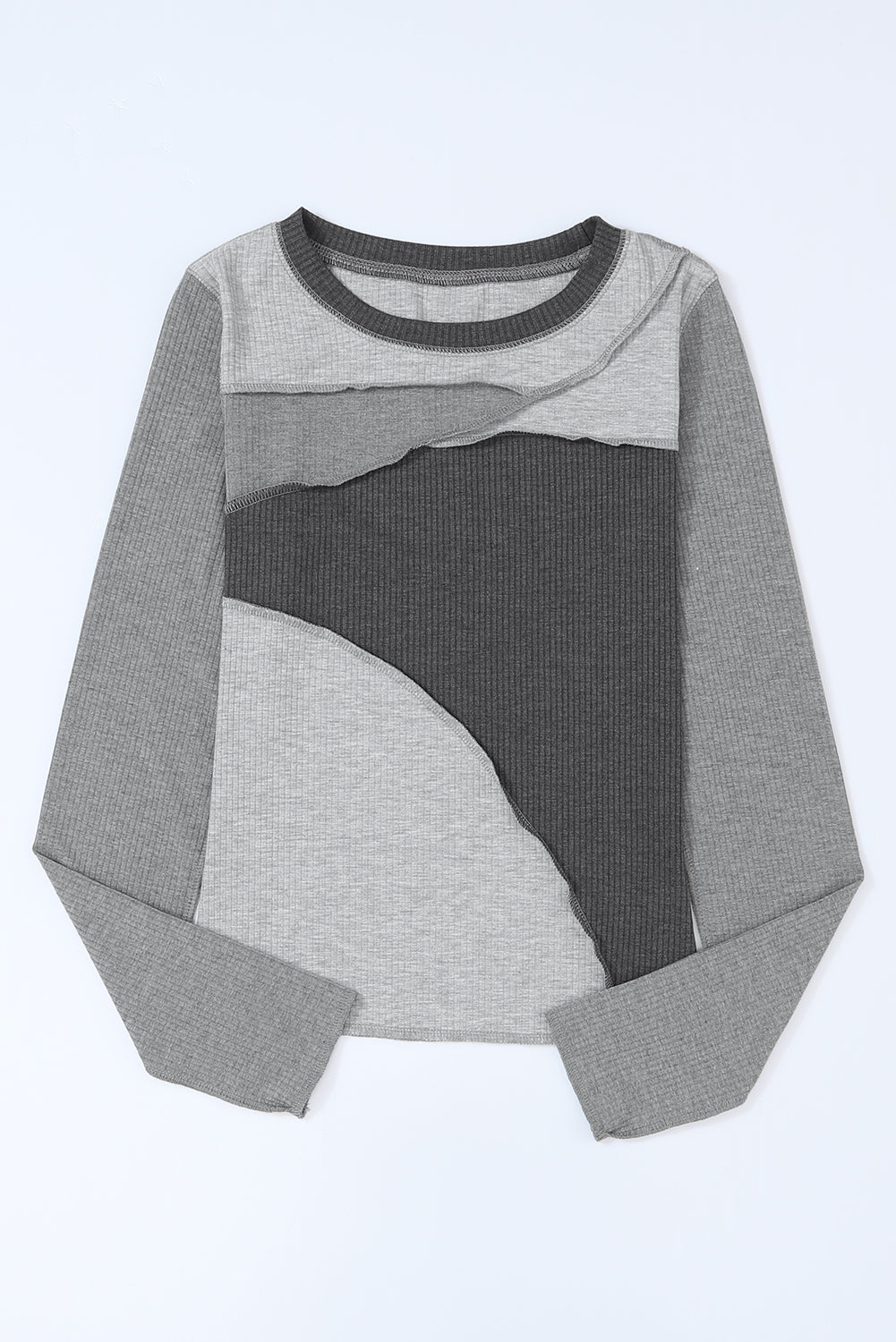 Gray Expose Seam Color Block Ribbed Knit Top Long Sleeve Tops JT's Designer Fashion