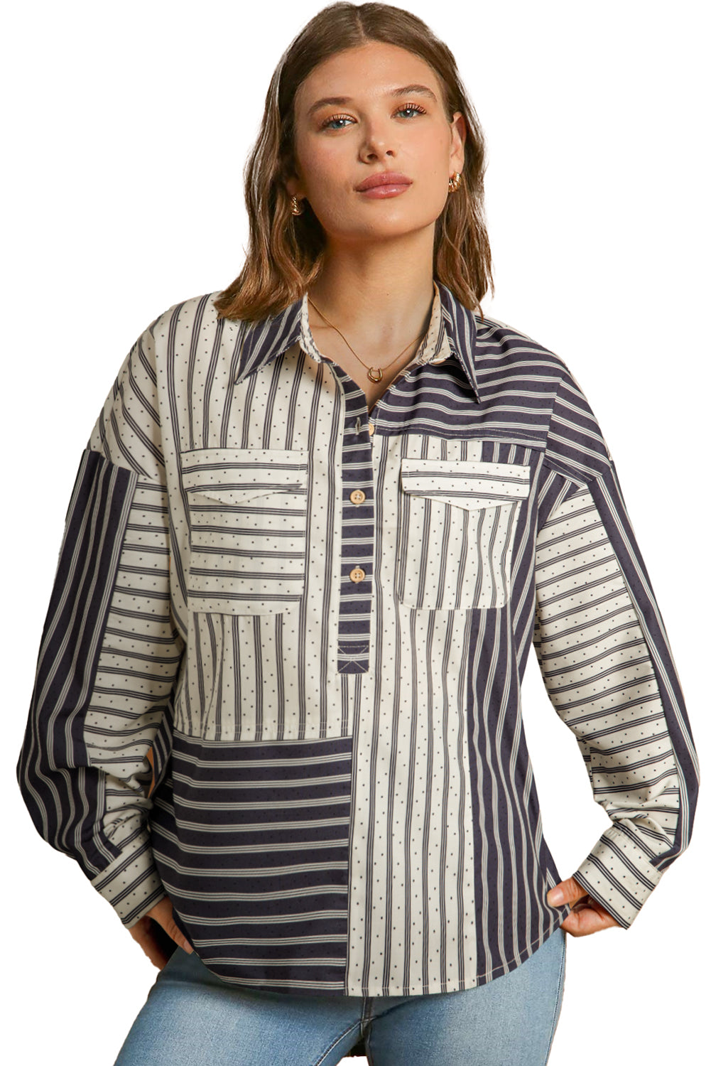 Black Stripe 2-tone Patchwork Half Buttons Chest Pockets Casual Blouse Blouses & Shirts JT's Designer Fashion