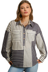 Black Stripe 2-tone Patchwork Half Buttons Chest Pockets Casual Blouse Blouses & Shirts JT's Designer Fashion
