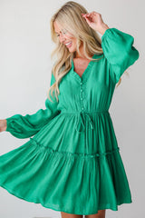 Sea Green Frilly V Neck Puff Sleeve Drawstring Shift Mini Dress Mini Dresses JT's Designer Fashion