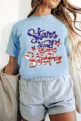 Light Blue Stars and Stripes Graphic July 4th Patriotic Tee Graphic Tees JT's Designer Fashion