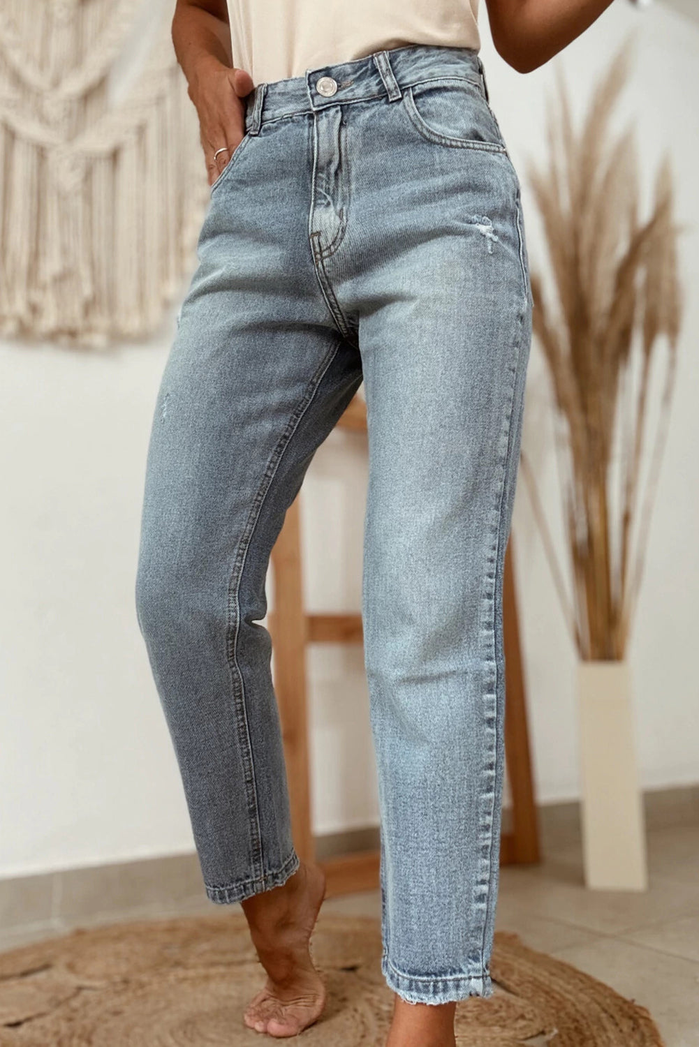 Beau Blue Slightly Distressed Ankle-length Straight Jeans Jeans JT's Designer Fashion