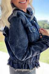 Navy Blue Ruffle Raw Hem Flap Pockets Denim Jacket Denim Jackets JT's Designer Fashion