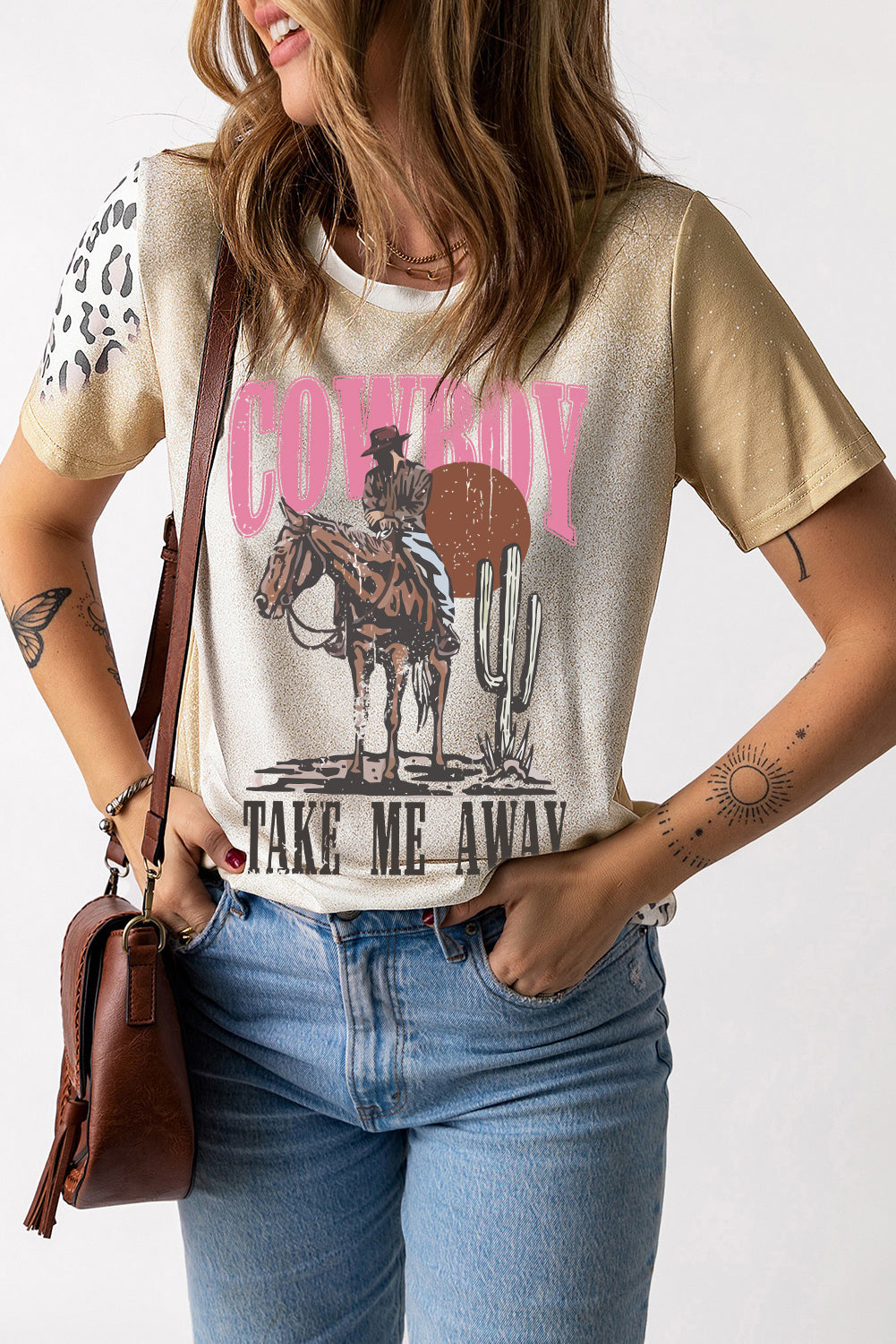 Khaki Western Cowboy TAKE ME AWYA Bleached Graphic T Shirt Graphic Tees JT's Designer Fashion