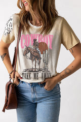 Khaki Western Cowboy TAKE ME AWYA Bleached Graphic T Shirt Graphic Tees JT's Designer Fashion