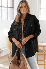 Black Solid Textured Flap Pocket Buttoned Shacket Jackets JT's Designer Fashion