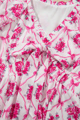 Multicolour Bow Lattice Floral Print V Neck Knot Decor Mini Dress Floral Dresses JT's Designer Fashion