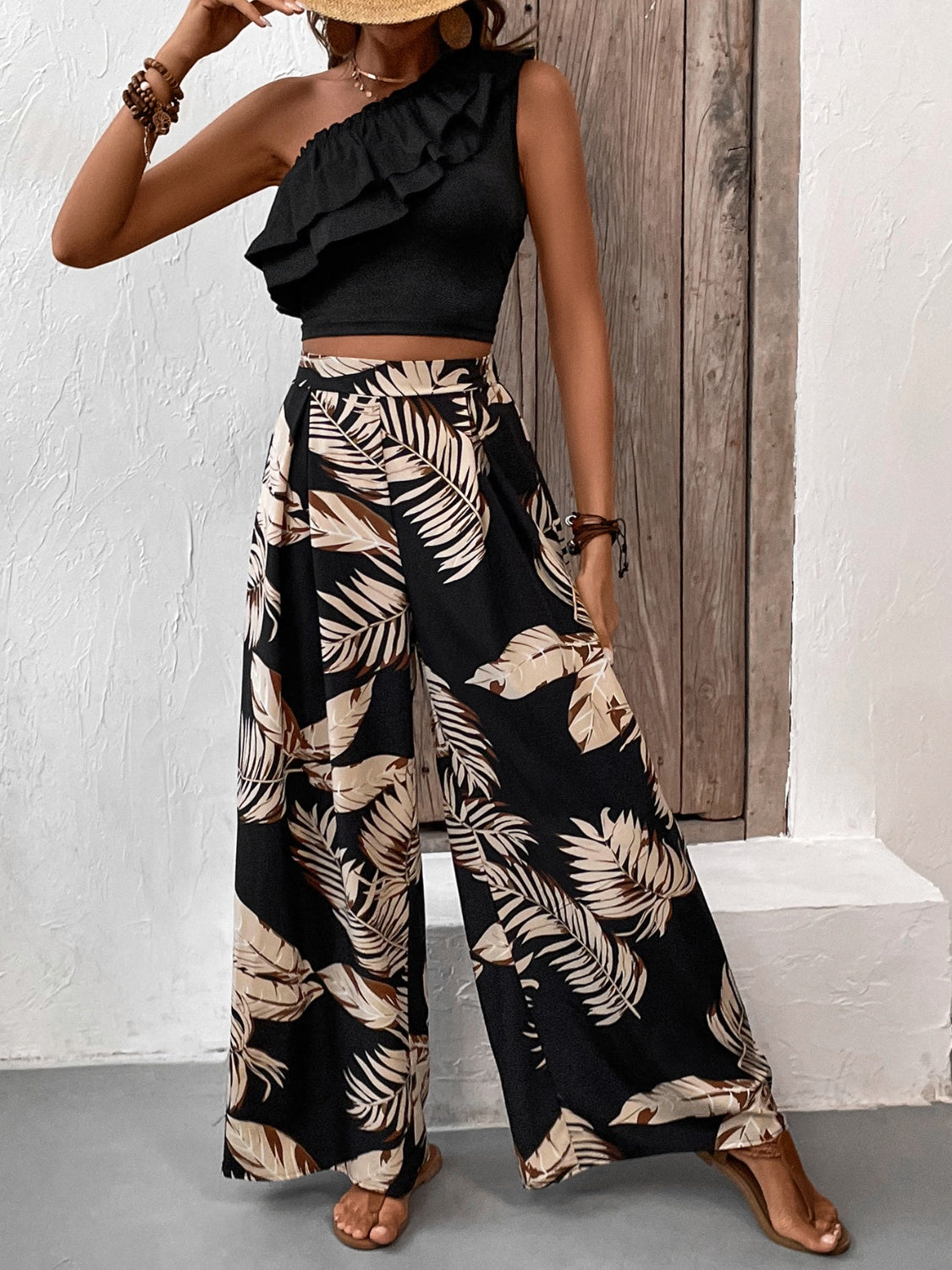 Ruffled Sleeveless Top and Printed Pants Set Pant Sets JT's Designer Fashion