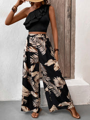 Ruffled Sleeveless Top and Printed Pants Set Pant Sets JT's Designer Fashion