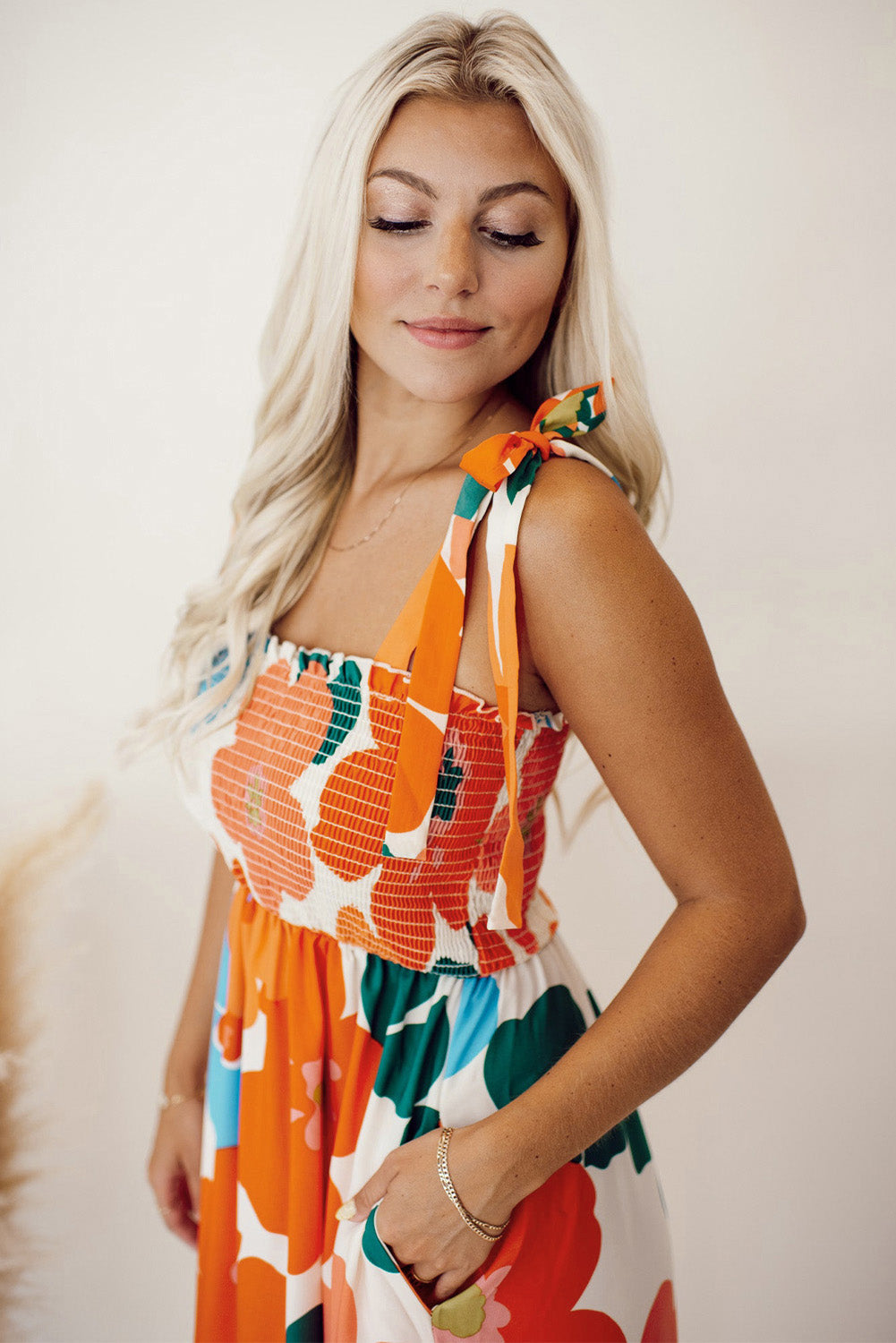 Orange Floral Self Tied Straps Smocked Bust Maxi Dress Floral Dresses JT's Designer Fashion