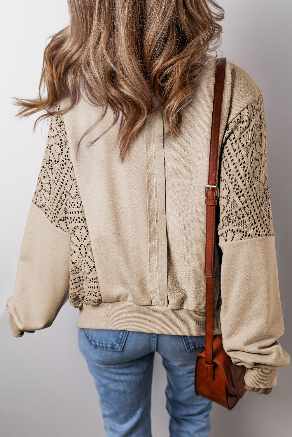 Parchment Knit Crochet Exposed Seam Ribbed Trim Sweatshirt Sweatshirts & Hoodies JT's Designer Fashion