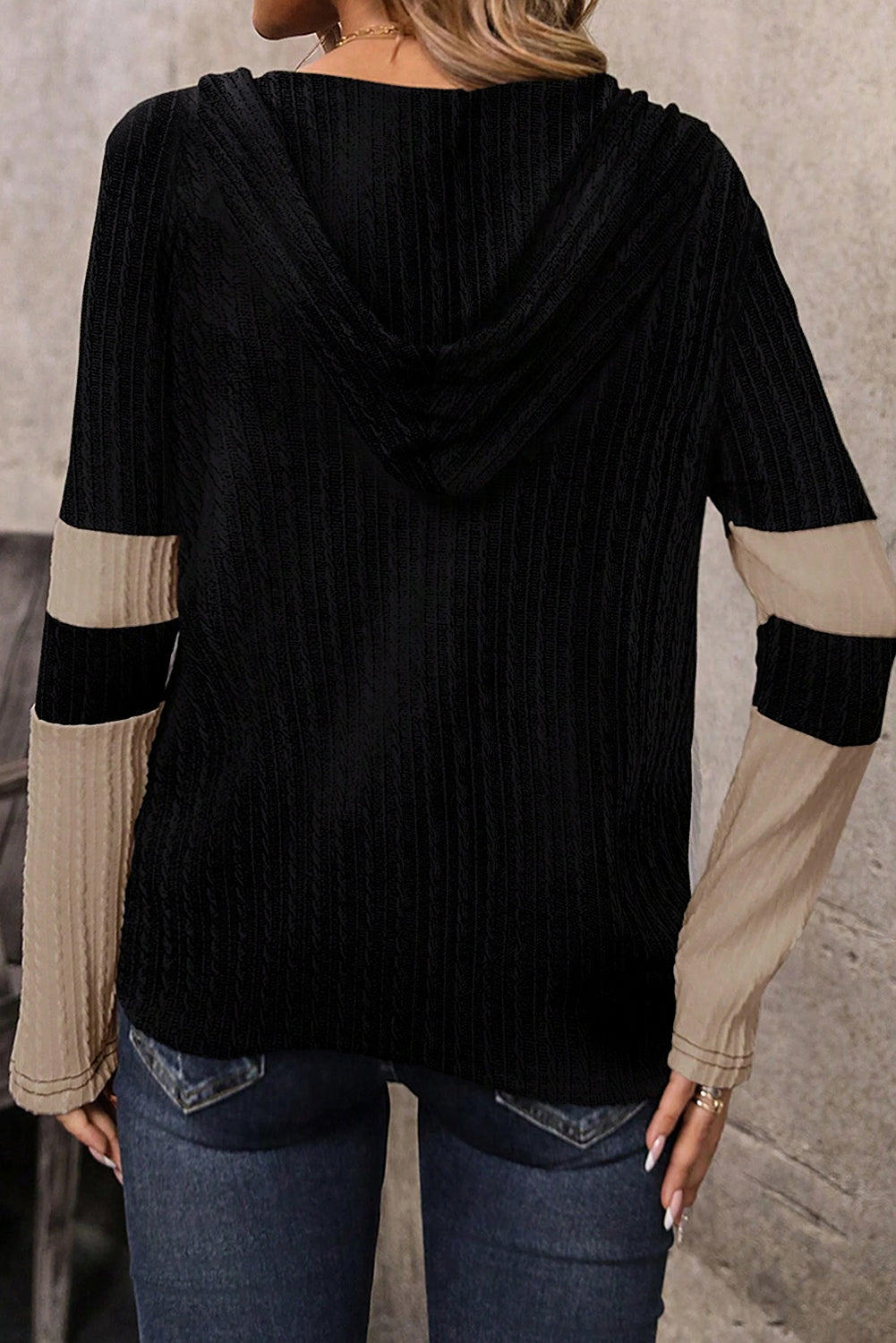 Parchment Textured Colorblock Long Sleeve Quarter Zip Drawstring Hooded Top Long Sleeve Tops JT's Designer Fashion